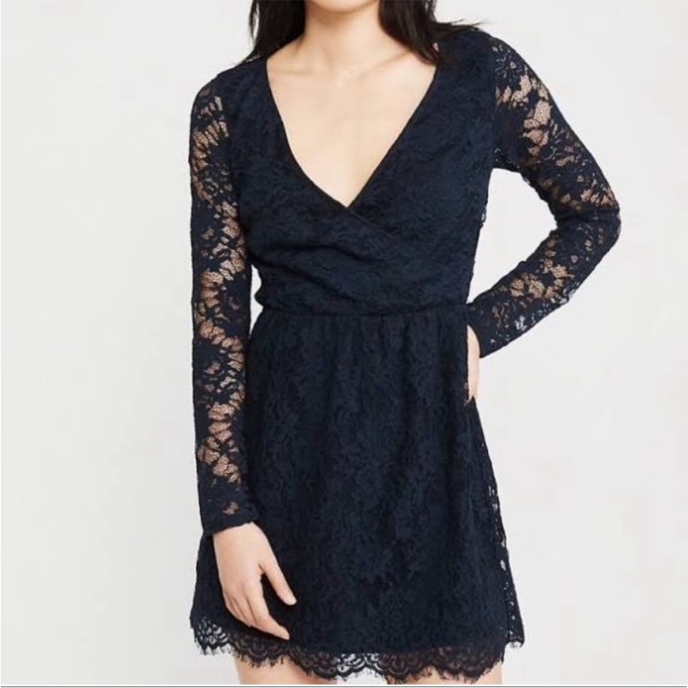 Abercrombie Navy Lace Mini Dress Long Sleeve Crossover Open Back Party Small